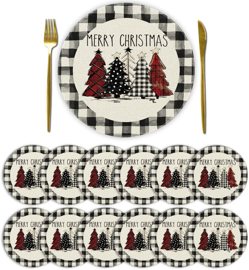 Artoid Mode Waterclor Buffalo Plaid Christmas Trees Placemats Set of 4, 12x18 Inch Winter Table Mats for Outdoor Home Party Kitchen Dining Decor