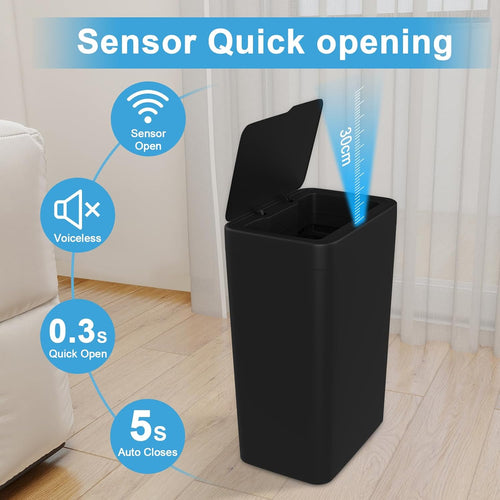 Naisu 2 Pack 4 Gal Bathroom Trash Can with Lid,Automatic Garbage Can with Touchless and Sealed Design,Slim Motion Sensor Waterproof Plastic Trash Bin Suitable for Bedrooms,Bathrooms,Kitchens,（Black）