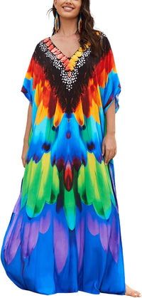 Women's Plus Size Loose Fit Moroccan Print V-Neck Batwing Kaftan Beach Dress Bathing Suit Cover Up