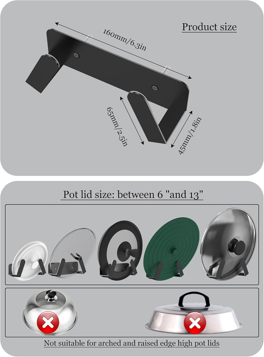 NOTMBESTM Pot Lid Organizer, 2 Pack Lid Holders Inside Cabinet, Wall Mount Rack Fit for Cutting Board, Fixed by Adhesive or Screw (Black)