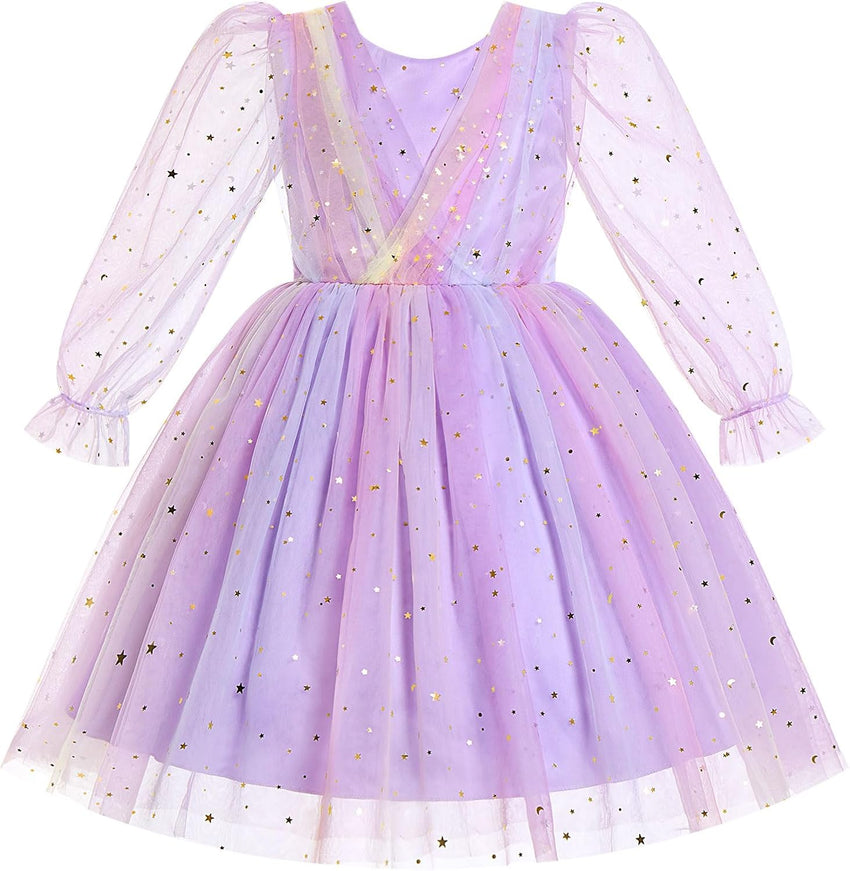 IMEKIS Toddler Kids Girls Tulle Dress Floral Embroidery Sparkly Wedding Party Long Sleeve Fall Photo Shoot Outfit 2-8T