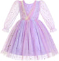 IMEKIS Toddler Kids Girls Tulle Dress Floral Embroidery Sparkly Wedding Party Long Sleeve Fall Photo Shoot Outfit 2-8T