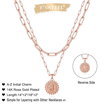 Yoosteel Layered Initial Necklaces for Women Trendy - 14K Gold-Plated Dainty Layering Paperclip Chain Coin Initial Necklace Jewelry Gifts for Women Mom Wife Teen Girls