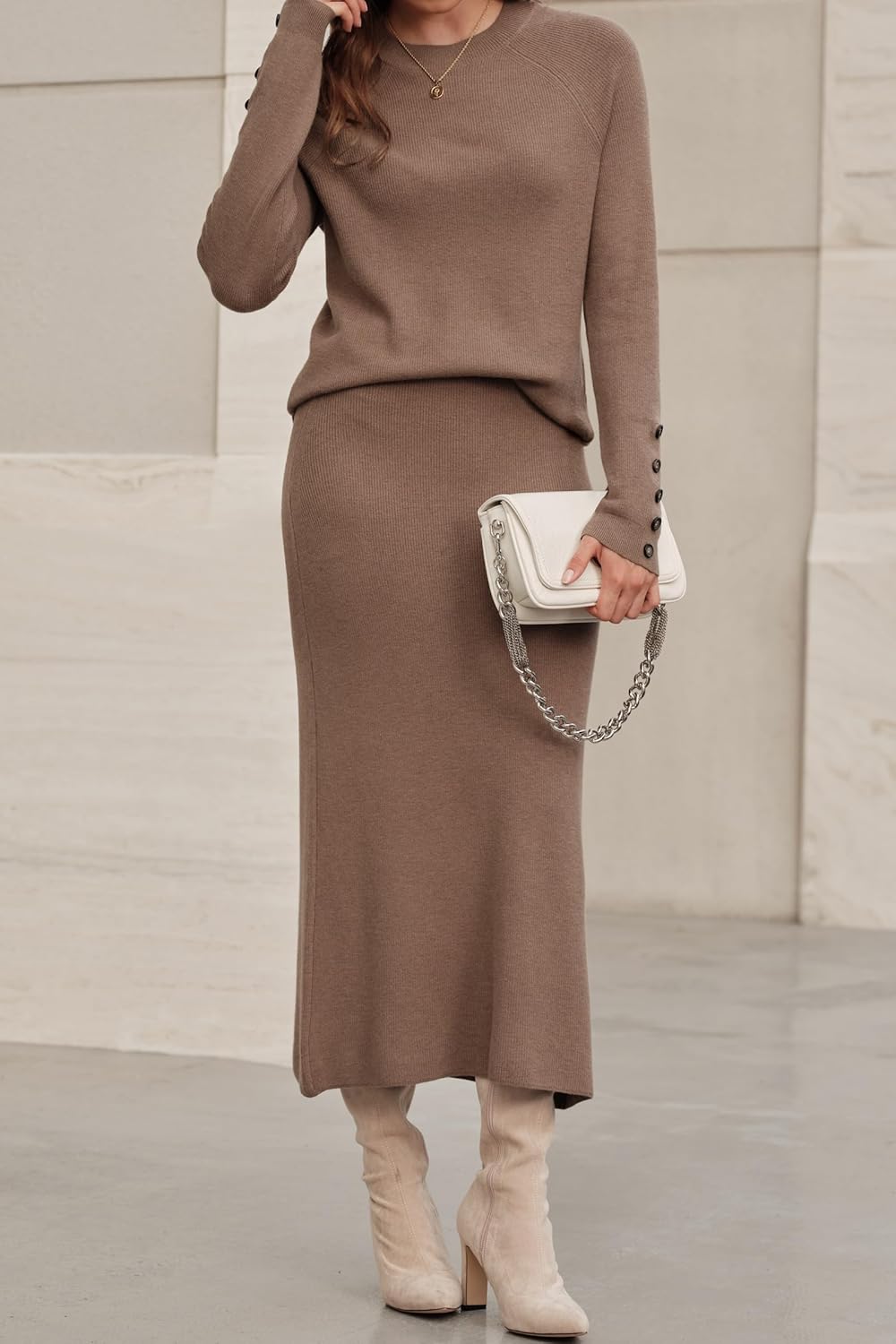 Arach&Cloz Women's Wool Blend Sweater 2 Piece Sets Winter Business Long Sleeve Top Midi Skirts Outfits 2025