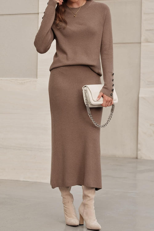 Arach&Cloz Women's Wool Blend Sweater 2 Piece Sets Winter Business Long Sleeve Top Midi Skirts Outfits 2025