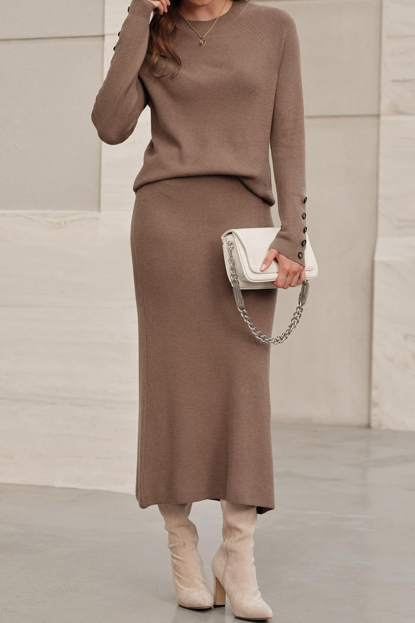 Arach&Cloz Women's Wool Blend Sweater 2 Piece Sets Winter Business Long Sleeve Top Midi Skirts Outfits 2025
