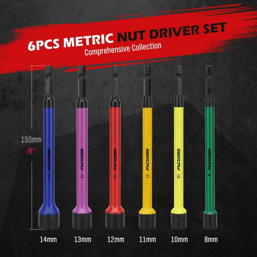 12-Piece Magnetic Nut Driver Set - Premium Impact Power Hex Nut Driver Drill Bit Master Kit, SAE & Metric, 1/4-Inch Quick-Change