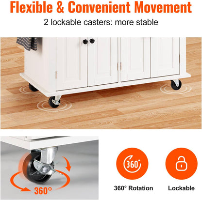 VEVOR Kitchen Island Cart with Solid Wood Top, 35.4" Width Mobile Carts with Storage Cabinet, Rolling Kitchen Table with Spice Rack, Towel Rack, and Drawer, Portable Islands on Wheels, White