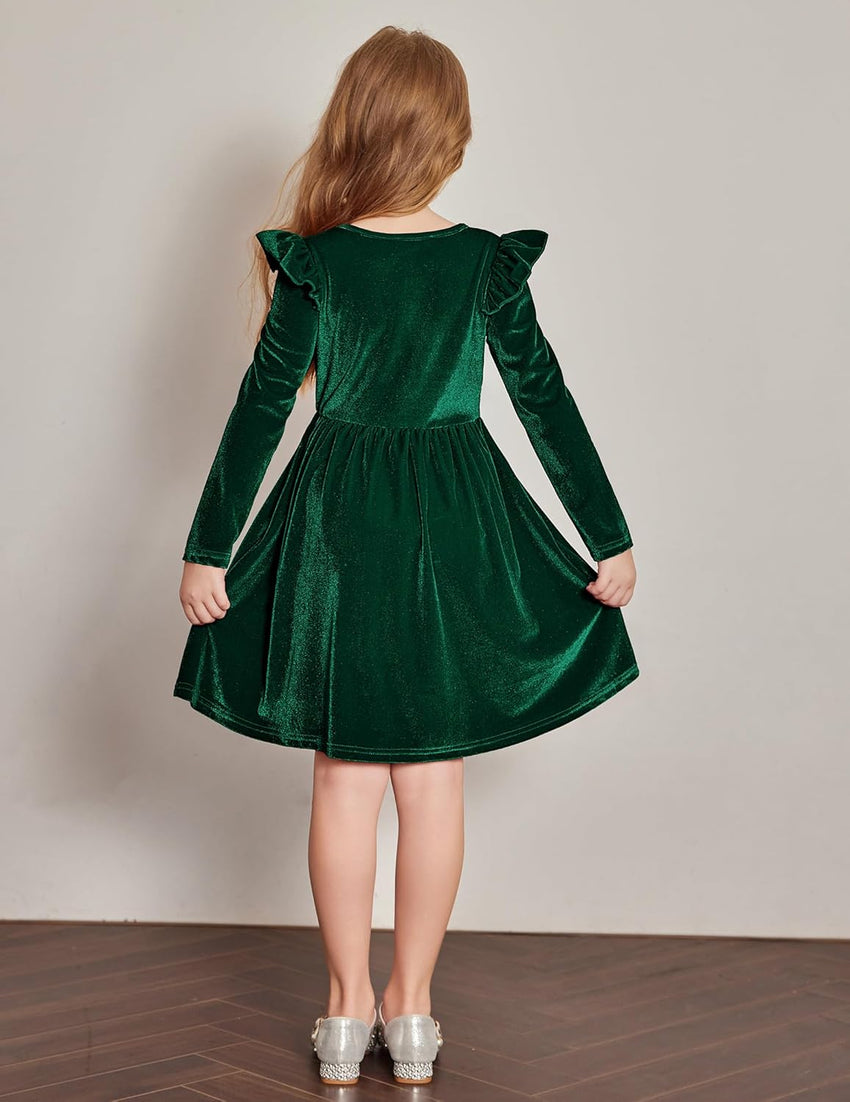 Arshiner Toddler Velvet Dress Little Girls Fall Winter Long Sleeve Ruffle Holiday Birthday Party Dresses with Pockets