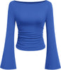 7DAY'S Women's Long Sleeve Shirts 2025 Fall Crop Going Out Tops Casual Boat Neck Bell Sleeve Ribbed Ruched Y2K Clothes