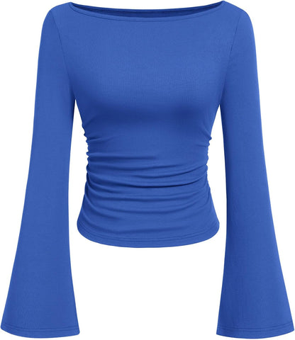 7DAY'S Women's Long Sleeve Shirts 2025 Fall Crop Going Out Tops Casual Boat Neck Bell Sleeve Ribbed Ruched Y2K Clothes