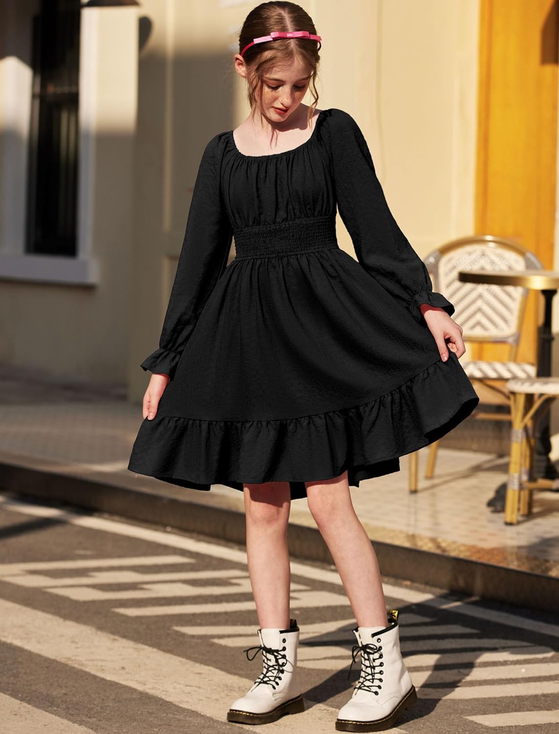 Arshiner Girls Dresses Long Sleeve Tie Back Fall Winter Off Shoulder Dress Kids Clothes
