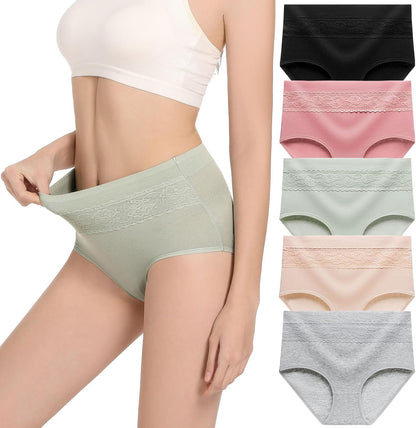 HAVVIS Women's Briefs Underwear Cotton High Waist Tummy Control Panties Rose Jacquard Ladies Panty Multipack