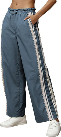 Women Baggy Track Pants Lace Side Stripe Drawstring Elastic Waist Wide Leg Parachute Pants with Pockets