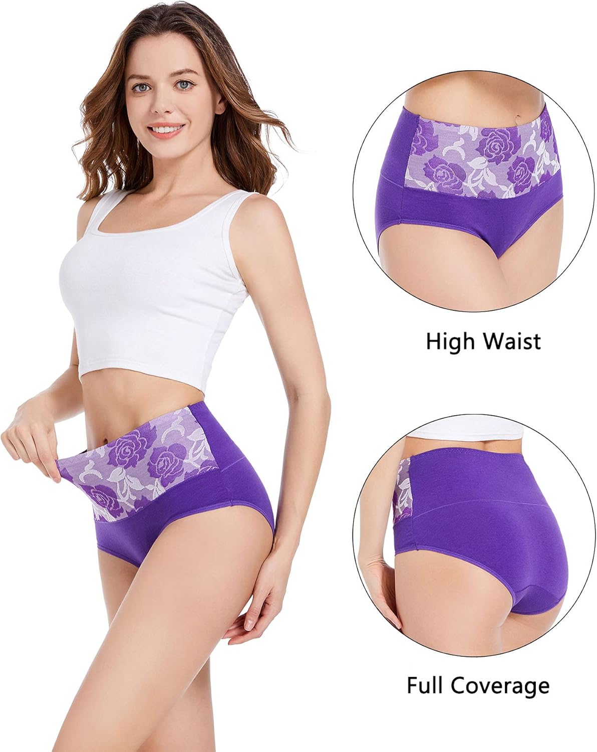 HAVVIS Women's Briefs Underwear Cotton High Waist Tummy Control Panties Rose Jacquard Ladies Panty Multipack
