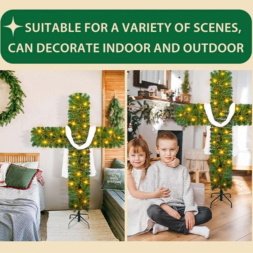 Cross Christmas Tree - 6 Ft Pre-Lit Artificial Pine Cross With LED Lights and White Crown Silk (4ft)