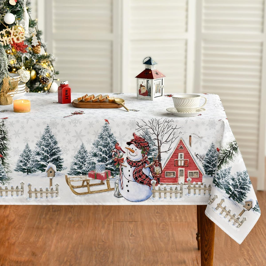 Horaldaily Christmas Tablecloth 60×84 Inch, Winter Snowman House Christmas Trees Red Washable Table Cover for Party Picnic Dinner Decor