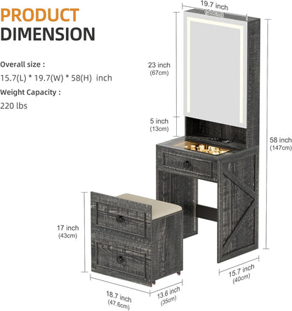 Gurexl 3 in 1 Small Vanity Desk with Lights and Mirror,Tall Lighted Compact Vanity with Charging Station,Makeup Vanity Set with Jewelry Armoire,Glass Top,Wheeled Stool with Storage,3 Drawers