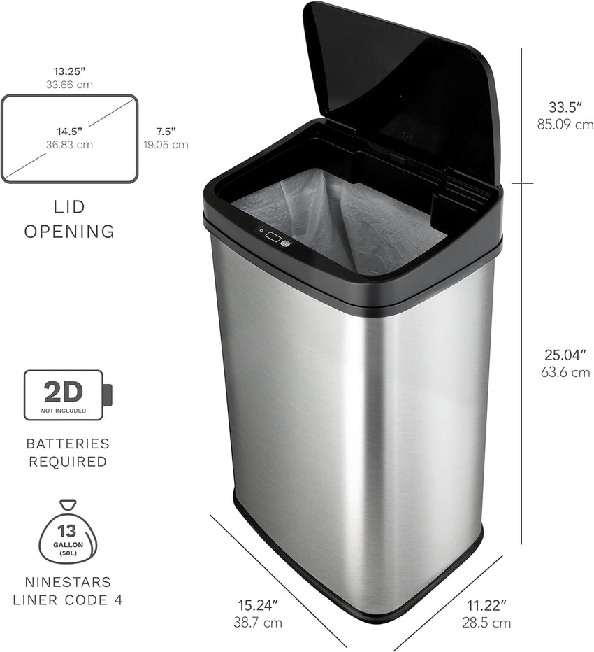 Ninestars Automatic Touchless Infrared Motion Sensor Trash Can, 13 Gal 50L, Stainless Steel Base (Rectangular, Black Lid), Black Trim