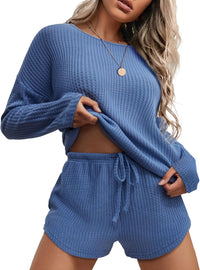 Ekouaer Womens Waffle Knit Pajama Sets Long Sleeve Top and Shorts Matching Lounge Set Loungewear Sweatsuit with Pockets