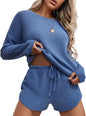 Ekouaer Womens Waffle Knit Pajama Sets Long Sleeve Top and Shorts Matching Lounge Set Loungewear Sweatsuit with Pockets