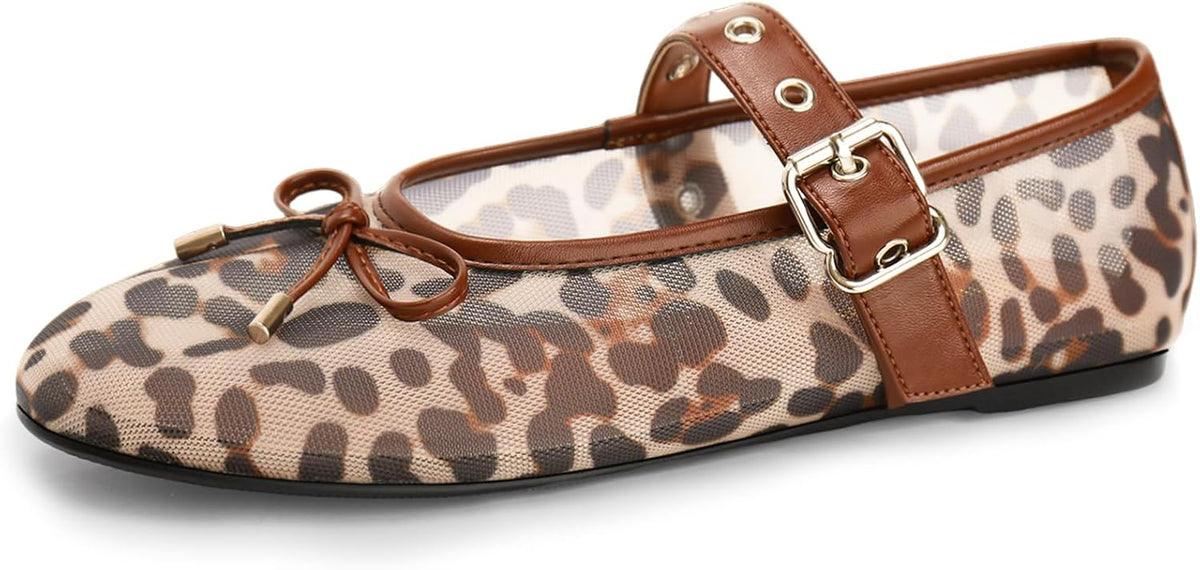 Gothictor Women's Mesh Ballet Flats Round Toe Leopard Mary Jane Shoes Women | Cushioned Comfort, Easy to Style, Buckle Strap, Cheetah Print, Ballerina, Breathable, Lightweight, Dressy Casual, Non-Slip