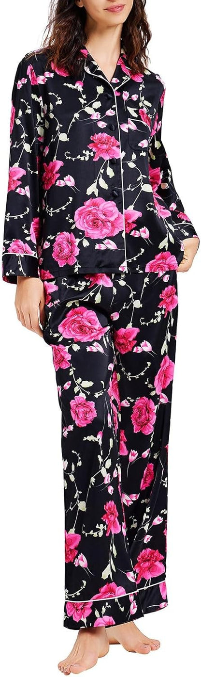 Lonxu Silk Satin Womens Pajama Sets Button Down Sleepwear Loungewear XS~3XL