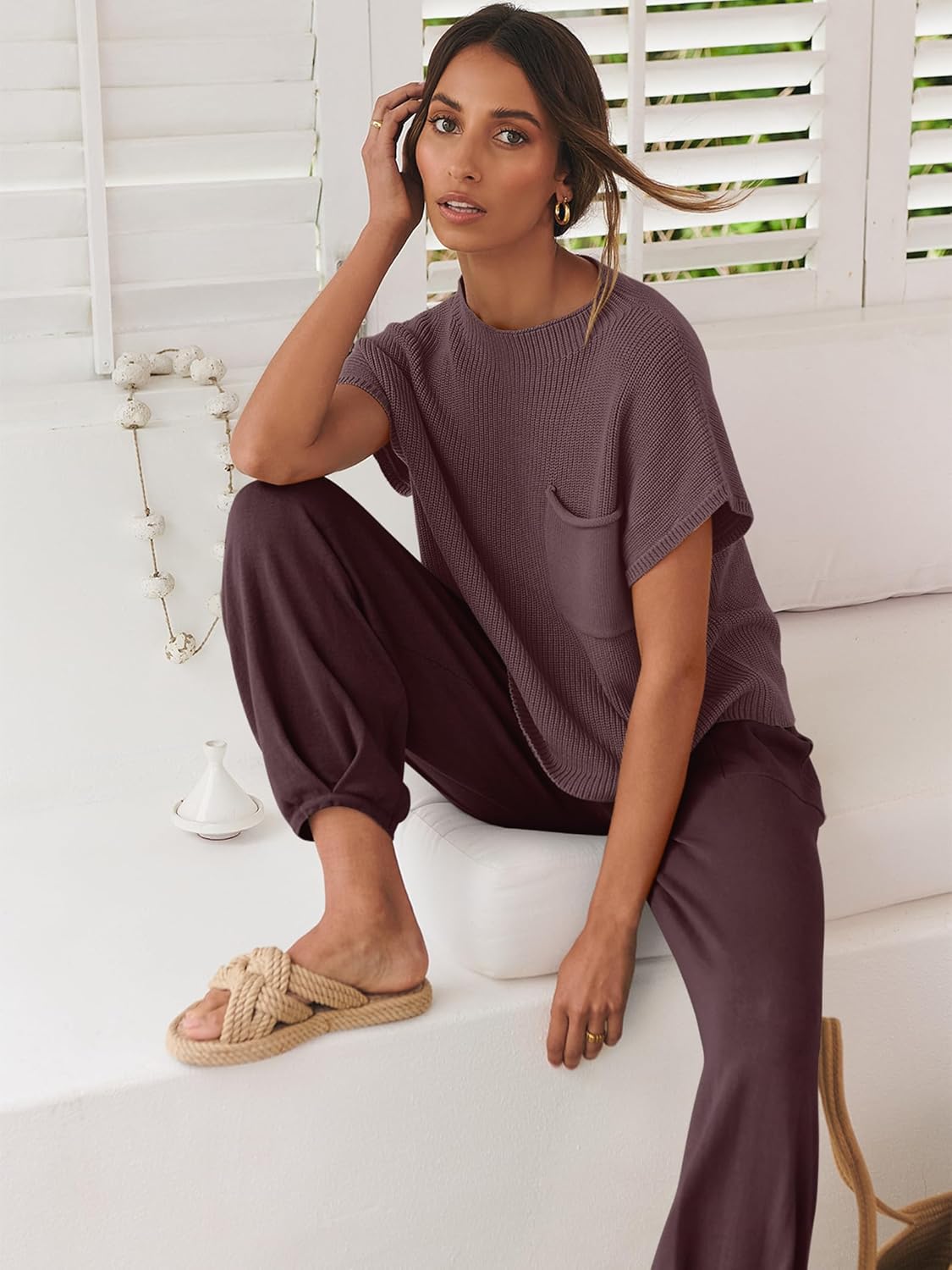 ANRABESS Women's Two Piece Outfits Knit Sweater Vest Crop Top Pants Lounge Matching Tracksuit Sweatsuit Travel Clothes Sets