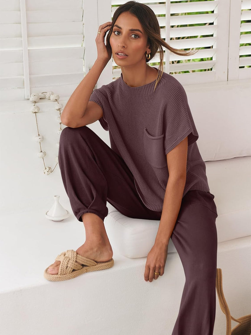 ANRABESS Women's Two Piece Outfits Knit Sweater Vest Crop Top Pants Lounge Matching Tracksuit Sweatsuit Travel Clothes Sets