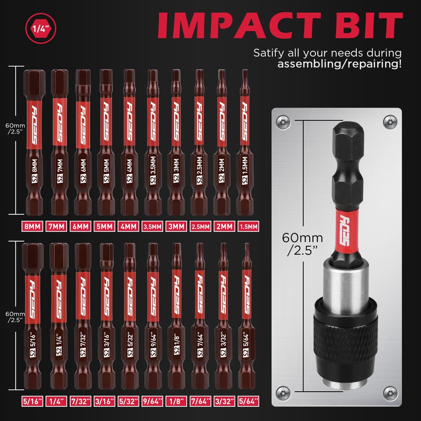 21-Piece 2.5" Hex Head Allen Wrench Drill Bit Set, 1/4" Hex Screwdriver Bits Set with Durable Magnetic Impact Bit Holder, SAE & Metric Allen Key, S2 Steel, Mechanic Home Repair