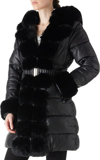 RISISSIDA Women Winter Fur Lined Coat,Puffer Jacket with Long Fur Trim Hooded,Warm Leather Bubble Overcoat Cold-resistant