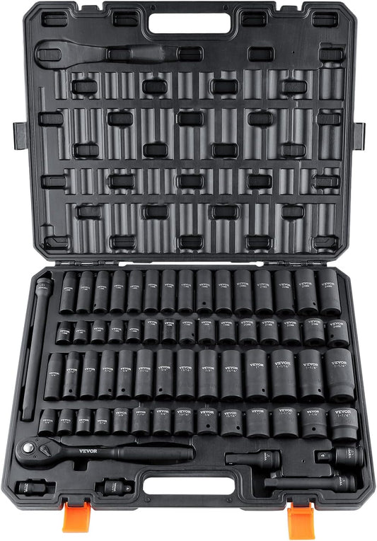 VEVOR 1/2" Drive Impact Socket Set, 65 Piece SAE 3/8" to 1-1/4" and Metric 10-24mm, 6 Point Cr-V Alloy Steel for Auto Repair, Easy-to-Read Size Markings, Rugged Construction, Storage Case