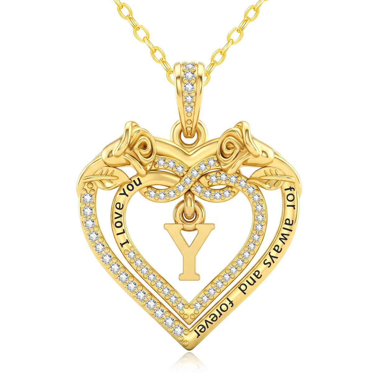 Uncle LOL Jewelry — 14K Gold Initial Letter Rose Heart Pendant Necklace for Women, Anniversary Birthday Jewelry Gifts for Wife Mom Grandma Sister Daughter, I Love You for Always And Forever
