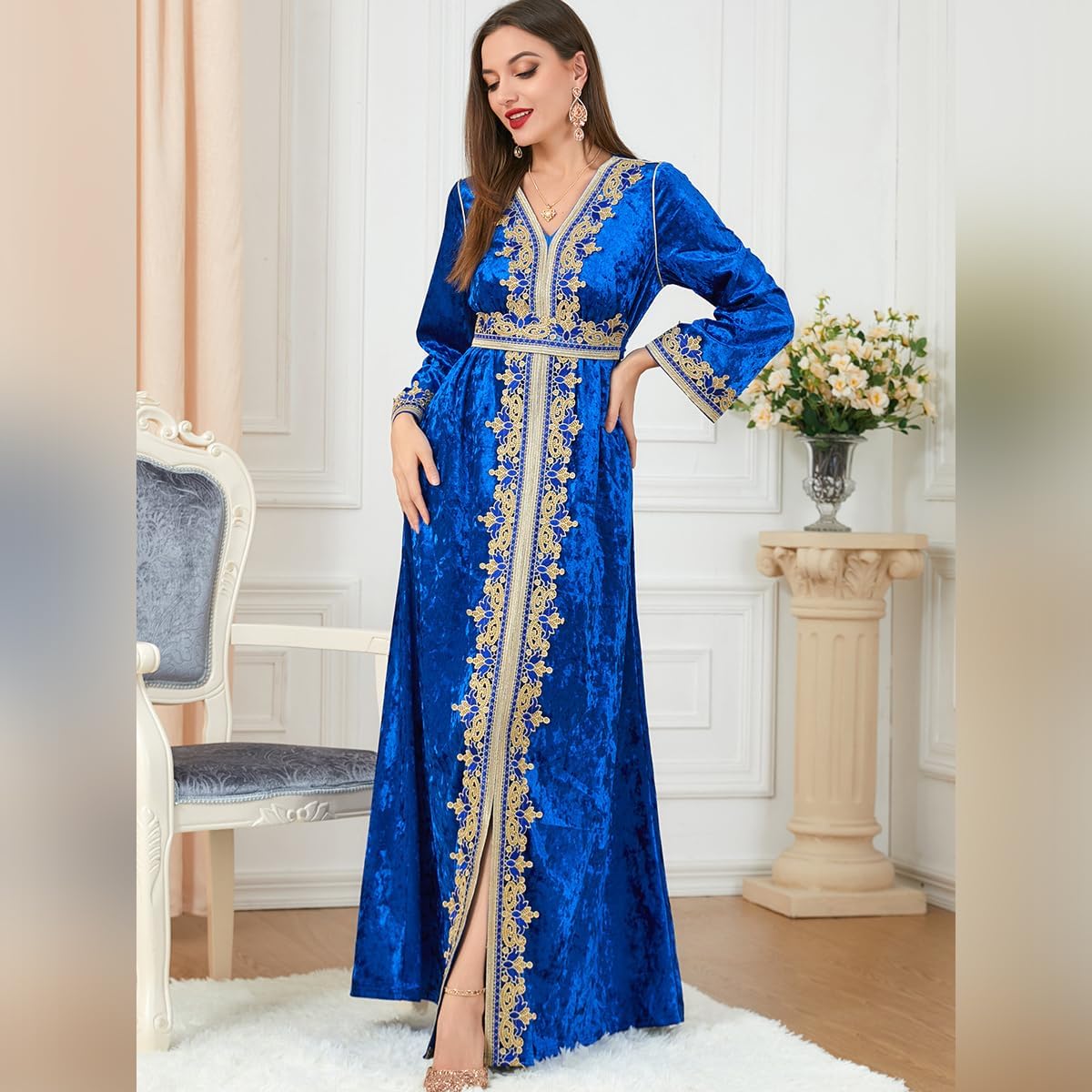 IDOPIP Muslim Women Velvet Dress Embroidery Abayas Long Sleeve V-Neck Moroccan Maxi Kaftan Dubai Robe Arabic Islamic Clothing