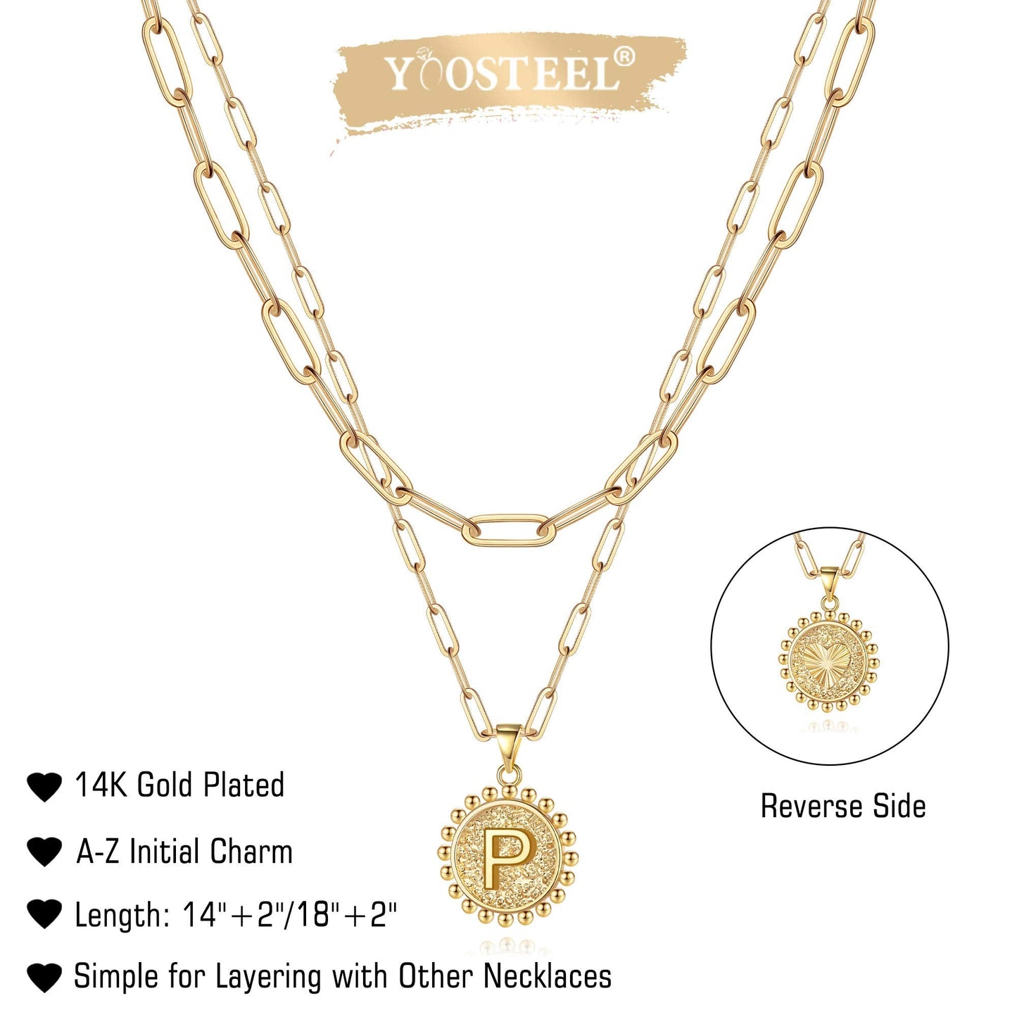 Yoosteel Layered Initial Necklaces for Women Trendy - 14K Gold-Plated Dainty Layering Paperclip Chain Coin Initial Necklace Jewelry Gifts for Women Mom Wife Teen Girls