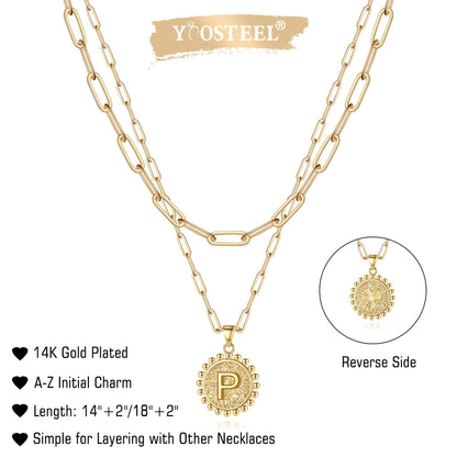 Yoosteel Layered Initial Necklaces for Women Trendy - 14K Gold-Plated Dainty Layering Paperclip Chain Coin Initial Necklace Jewelry Gifts for Women Mom Wife Teen Girls