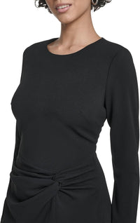 Calvin Klein Womens Long Sleeve Round Neck Scuba Crepe Side Ruffle Midi Dress