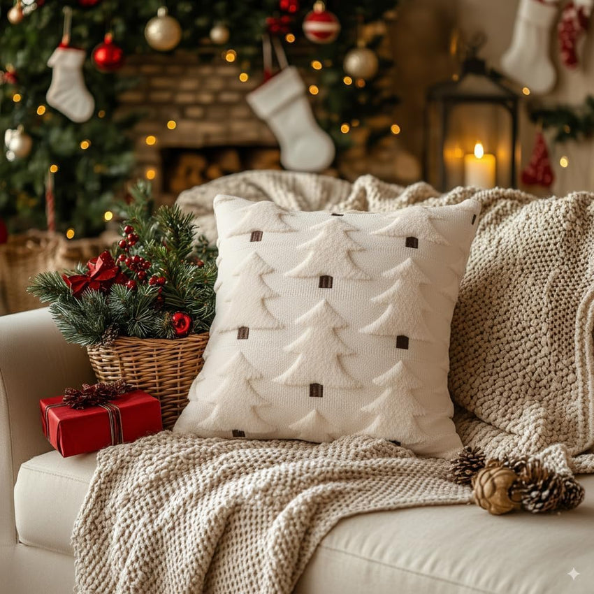 GEEORY Christmas Pillow Covers 18x18 Inch Set of 2, Christmas Decorations Xmas Tree Soft Plush Fluffy Faux Fur Decorative Throw Pillows Rustic Winter Decor Cushion Case Beige Brown GC034-18