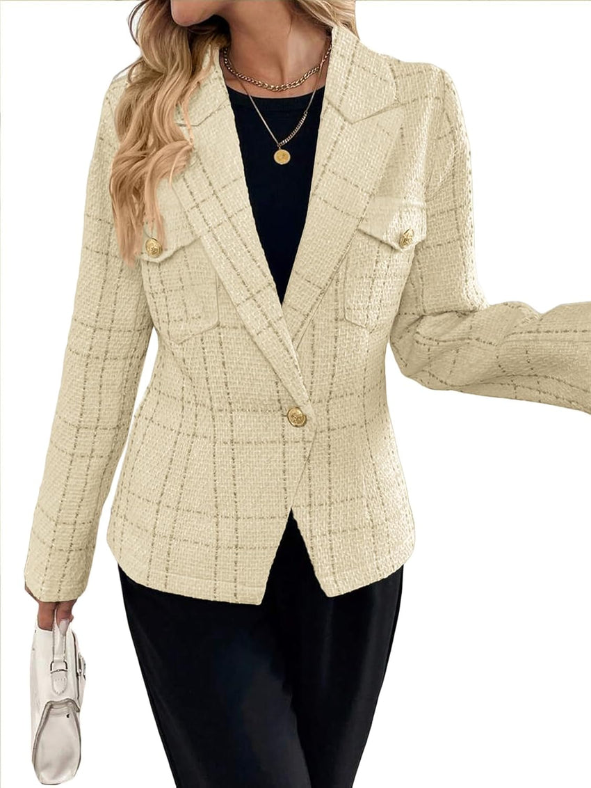 Mina Self 2025 Fall Women's Tweed Blazer Plaid - Slim Fully-Lined Fashion Casual Elegant Work Office Suit Jacket with Pockets