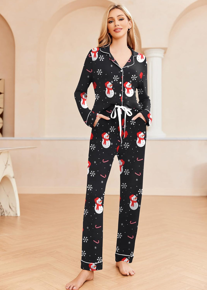 Ekouaer Women's Pajamas Long Sleeve Sleepwear Casual Button Down Loungewear Soft Pjs Set S-XXL