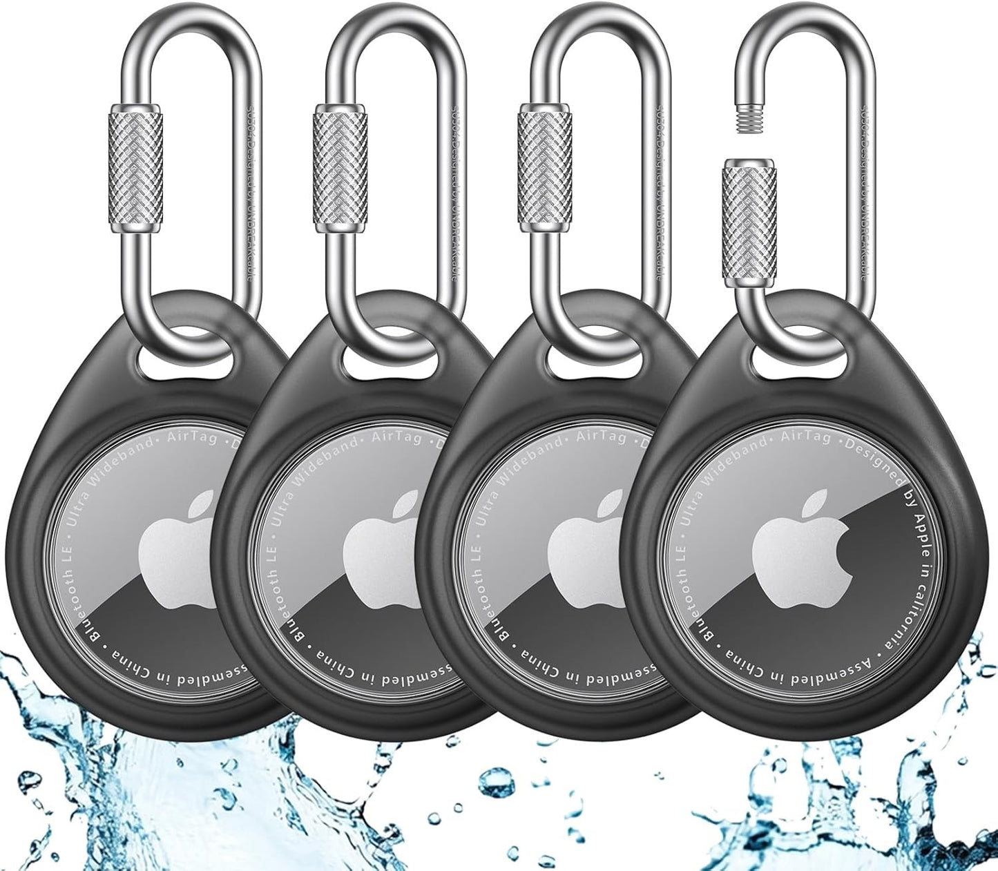 UNBREAKcable AirTag Holder for Apple - 4 Pack Air Tag Case [Professional Carabiner] [Waterproof] [Shockproof] TPU AirTag Keychain for Kids, Pets, Keys, Luggage, Backpacks