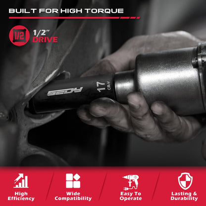 29-Piece 1/2" Drive Impact Socket Set, SAE (3/8 to 1 inch) and Metric (10-24mm) Sizes with Extension Bars Standard Deep Socket Set CR-V Material High Durability Impact Wrench