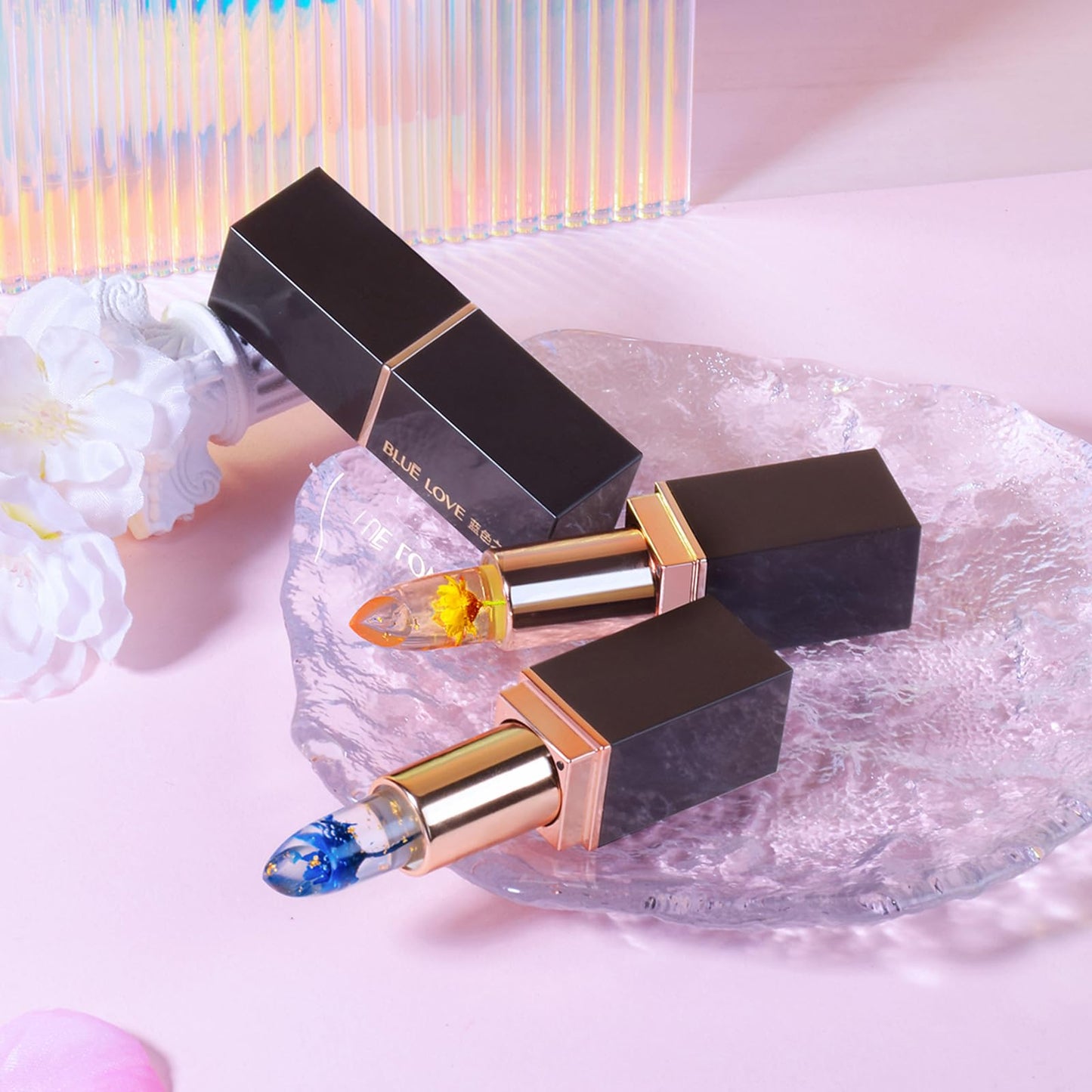 BLUE LOVE Color Changing Flower Lipstick - Hydrating Jelly Lip Balm with Flower, Long-Lasting Moisturizer & Nourishing Lip Gloss (Blue&Gold, 2 Count (Pack of 1))