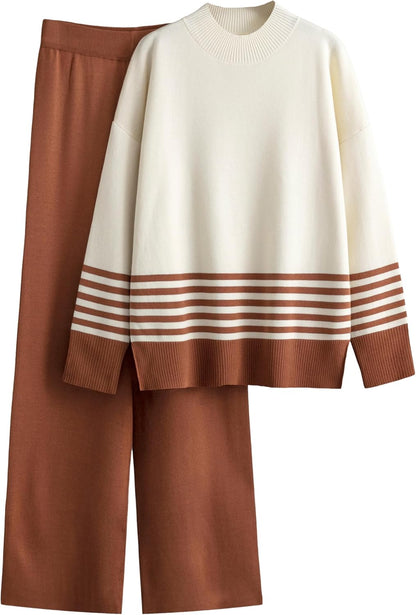 Women's 2 Piece Outfits Sweatsuit Knit Striped Pullover Top Wide Leg Pants Tracksuit Lounge Sets
