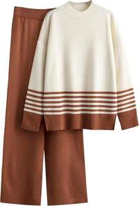 Women's 2 Piece Outfits Sweatsuit Knit Striped Pullover Top Wide Leg Pants Tracksuit Lounge Sets