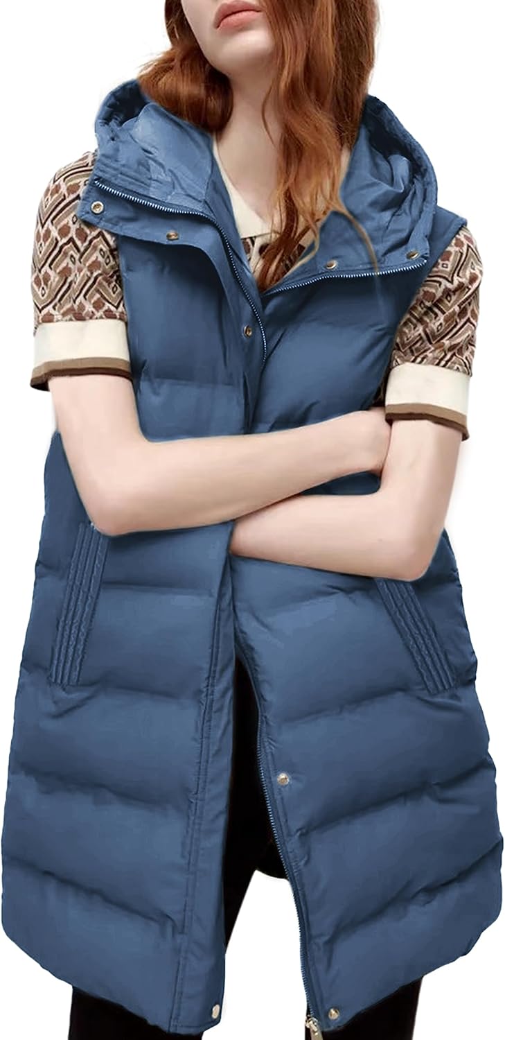 Tanming Women's Long Puffer Vest Casual Sleeveless Puffy Jacket with Removable Hood