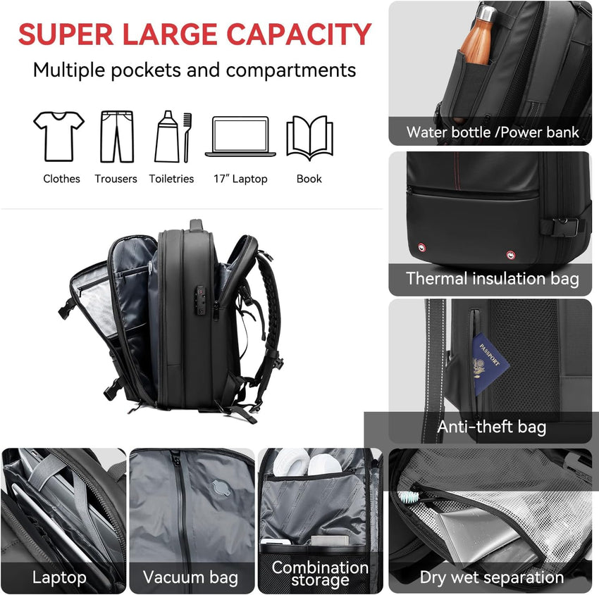7DAY'S Fiordpack Vacuum Backpack Travel (External Pump, 60L), TSA Lock, Expandable Vacuum Seal Compression Travel Backpack for 17" Laptop, Airline Approved