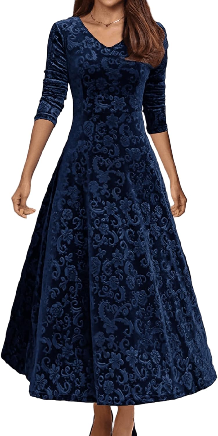 Women's Velvet Midi Dresses Floral Print Long Sleeve V Neck Formal Wedding Guest Fall Winter Dress