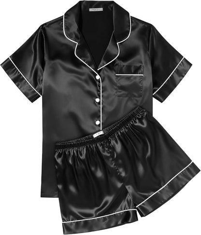 Ekouaer Womens Silk Satin Pajama Sets Soft Short Sleeve Button Down Sleepwear Top and Shorts 2 Piece Pjs Lounge Set