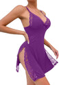 Sexy Split Side Floral Lace Trim Full Slip Night Gown Babydoll Lingerie Dress with Thong 2 piece